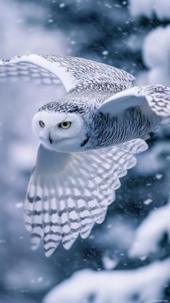 Snowy owl iPhone background featuring the bird mid flight with blurred snow in the foreground.
