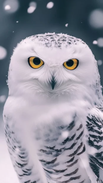Snowy owl iPhone wallpaper with a vertical close up of the owl intense gaze under softly falling snow.