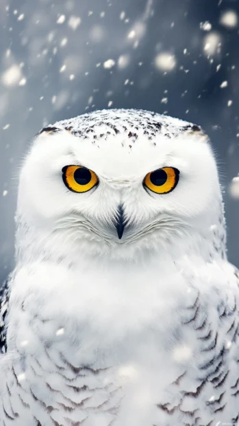 Snowy owl iPhone wallpaper with a vertical close up of the owl intense gaze under softly falling snow.