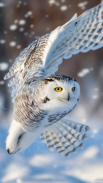 Snowy owl phone background featuring the bird mid flight with blurred snow in the foreground.