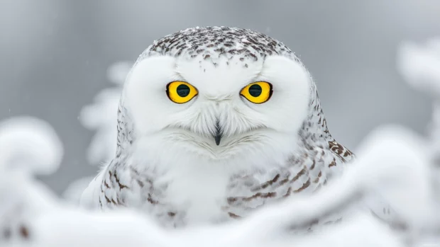 Snowy owl portrait wallpaper featuring a dramatic close up of feathers and beak.