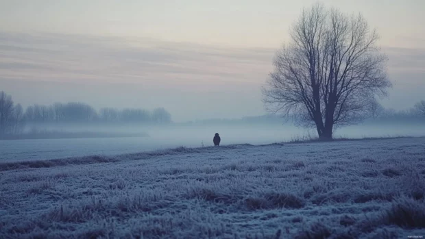 Snowy owl scenery wallpaper with a lone owl standing in a winter field under twilight.