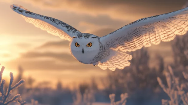 Snowy owl wallpaper capturing the owl mid flight above a frosty tundra at sunset.