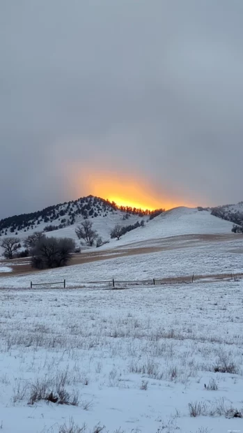 Soft Light peeking from behind the snowy hills.