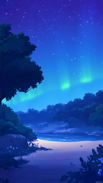 Soft aurora borealis waves green and purple hues tranquil night sky quiet forest.