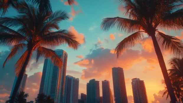 Soft blue and orange sky over tropical skyline, palm trees and high rise.