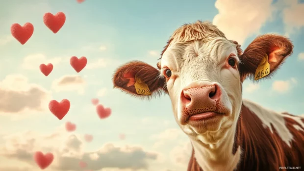 Soft clouds and hearts surround a smiling cow in this Cute Strawberry Cow background.