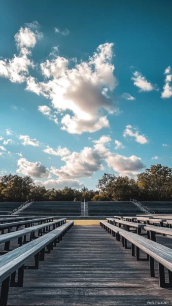 Soft clouds hover above empty bleachers.