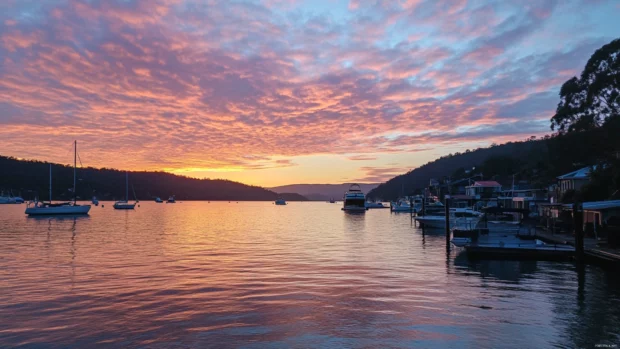 Soft colors stretch across the bay as the sun begins to rise.
