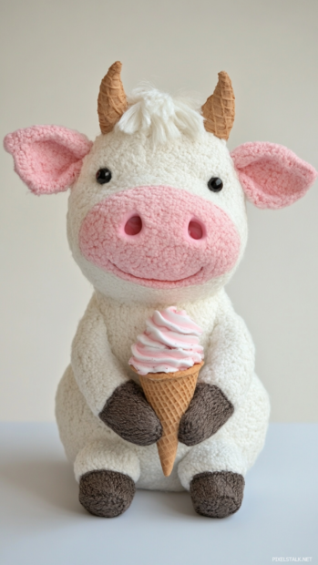 Soft cow character with pink cheeks and ice cream cone.