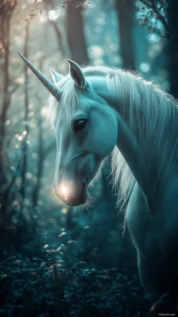 Soft dreamy tones wrap around a unicorn looking curiously at a glowing orb.