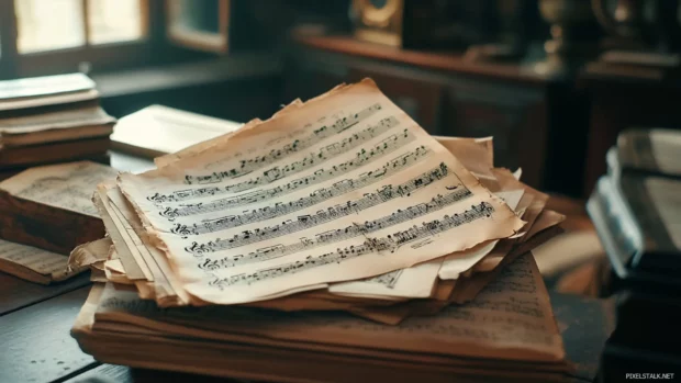Soft focus lens capturing layered sheet music on a table.
