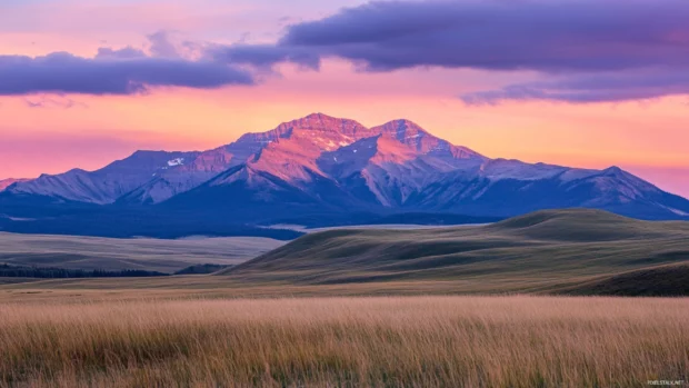 Soft glow of sunrise behind a distant mountain ridge.
