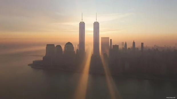 Soft haze lingers above early morning New York City.
