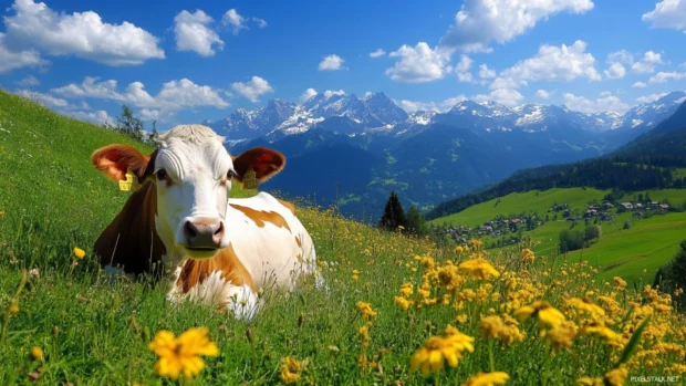 Soft hills and calm cow as your desktop cow nature wallpaper.