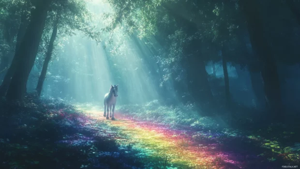 Soft light shines through clouds as a unicorn walks across a rainbow lit path in a fairytale forest.
