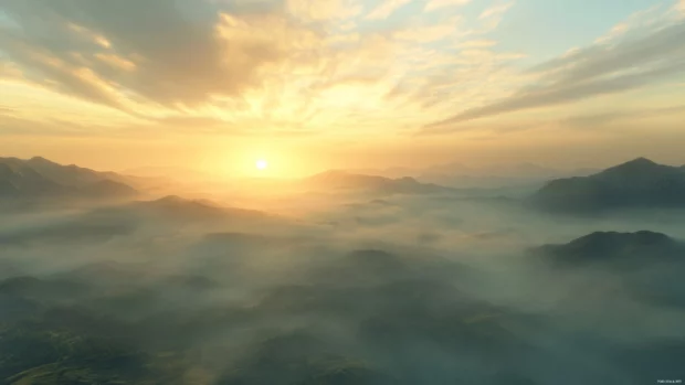 Soft mist covering hills in HD sunrise wallpaper for desktop.