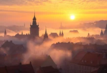 Soft mist over the rooftops in a sunrise wallpaper with city skyline.