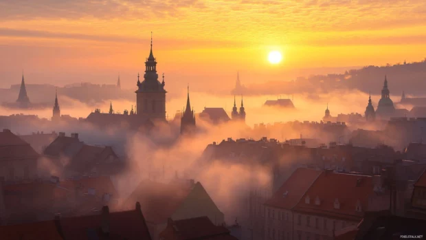 Soft mist over the rooftops in a sunrise wallpaper with city skyline.