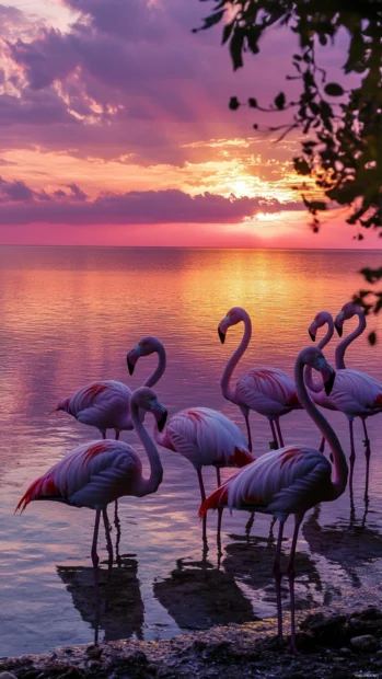 Soft morning light illuminating flamingos gathered by the calm bay waters.