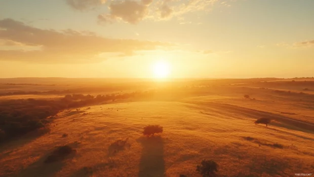 Soft morning light over an open countryside at sunrise.