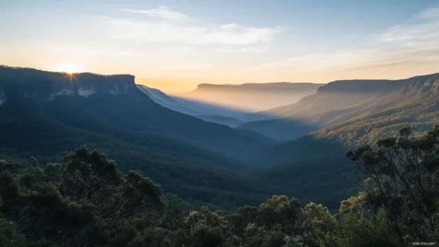 Soft morning light spreads across the valley from behind mountain peaks.