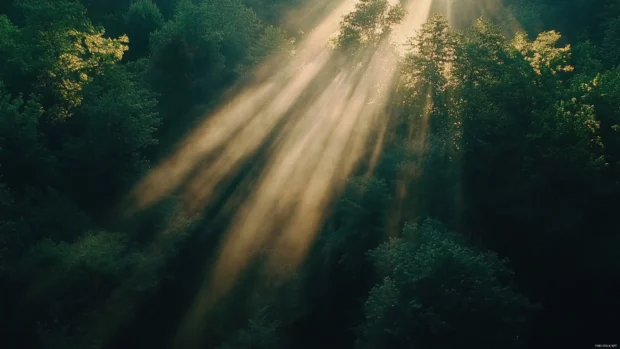 Soft morning rays casting long shadows, a perfect sunrise wallpaper in forest.