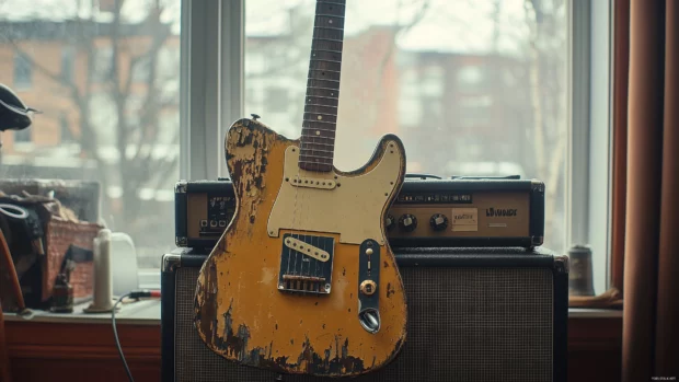 Soft natural light serene shot weathered guitar resting on amplifier nearby window relaxed rock ambiance.