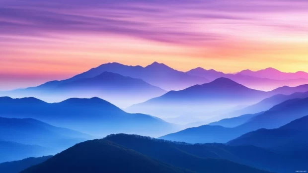 Soft pastel hues settle over highlands in a Mountain Sunrise wallpaper.