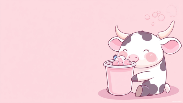 Soft pink background with chibi cow sipping bubble tea.