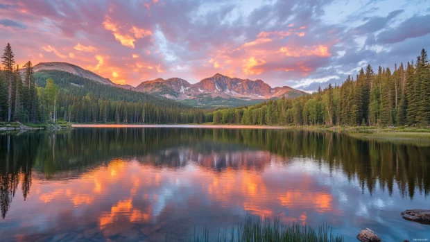 Soft reflections shimmer on the lake beneath a sunrise sky.