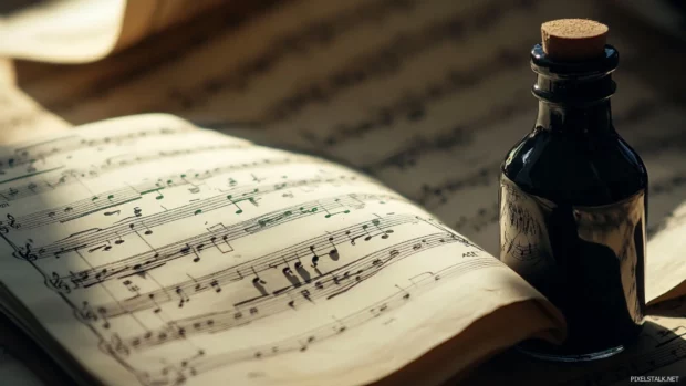 Soft shadows falling over sheet music and ink bottle.