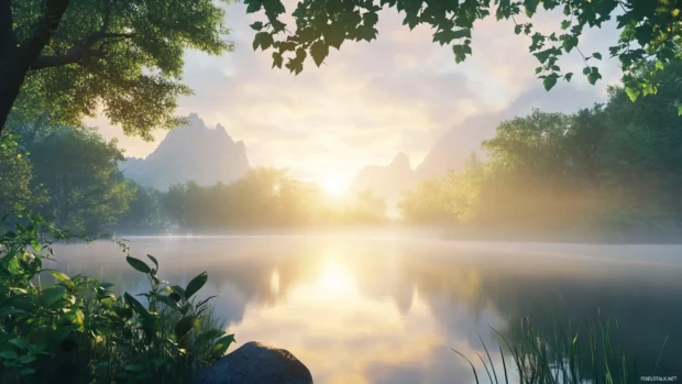 Soft sunlight pours over a mist covered lake in this Sunrise Wallpaper with Lake view.