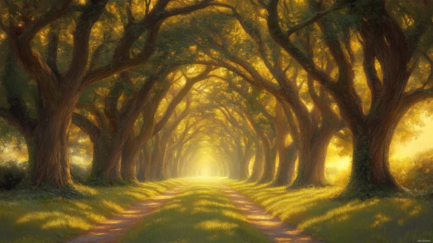 Soft sunlight streaming through a canopy of lush green trees, creating a serene dappled light effect.