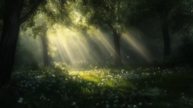 Soft sunlight streaming through a canopy of lush green trees, creating a serene dappled light effect.