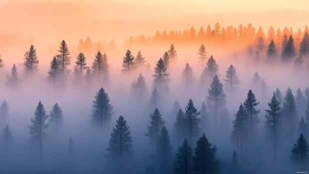 Soft sunrise light filters through a misty pine forest.