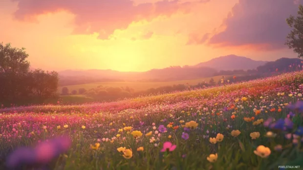 Soft sunrise light shimmering across wildflower meadows in desktop wallpaper.