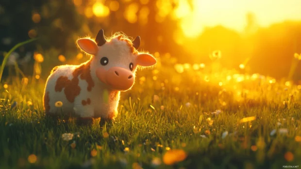 Soft sunset glow lights up the Kawaii Cow in a tranquil meadow.