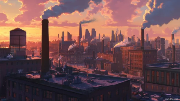 Soft sunset over industrial skyline, smokestacks and warehouses.