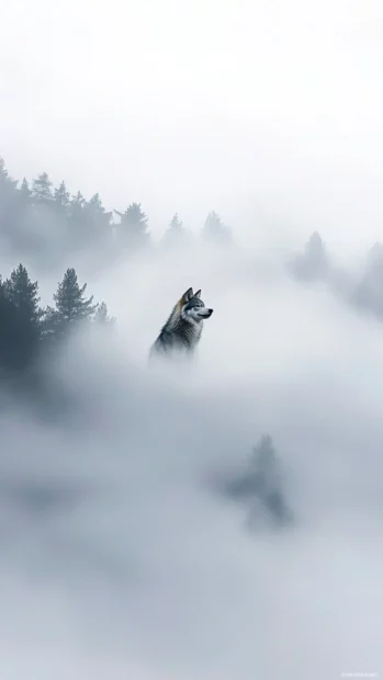 Soft vertical minimalist wolf scene with the animal disappearing into fog and white space.
