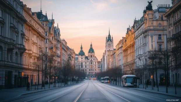 Softly lit city street with a few buildings and a clear sky above.