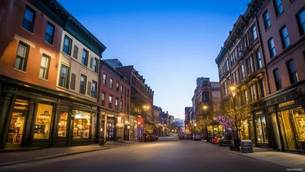 Softly lit city street with a few buildings and a clear sky above.
