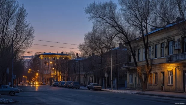 Softly lit city street with a few buildings and a clear sky above.
