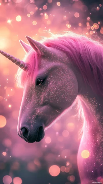 Sparkles rain gently on a unicorn in this charming Pink Unicorn Wallpaper for.