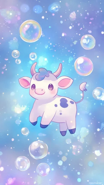 Sparkling background with a jumping Kawaii Cow chasing bubbles.