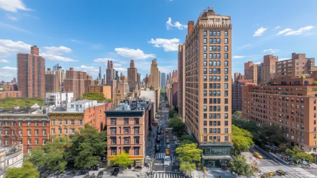Sparkling buildings above vibrant aerial New York skyline, bustling city streets below.