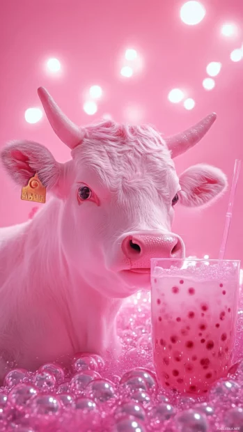 Sparkling pink night sky behind Strawberry Cow sipping bubble tea.