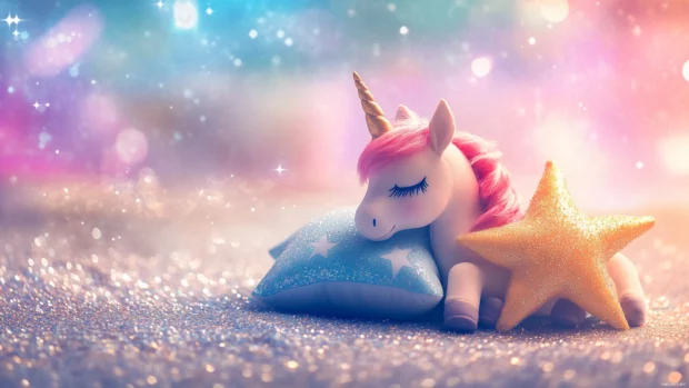 Sparkly dreamland with a baby unicorn hugging a star pillow in this adorable unicorn wallpaper.