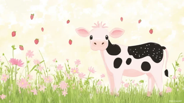 Sparkly sky and pink grass in this Pink cow with strawberry spots wallpaper.