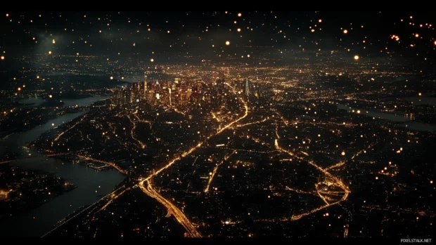 Sparks of light trace highways into New York City at night.
